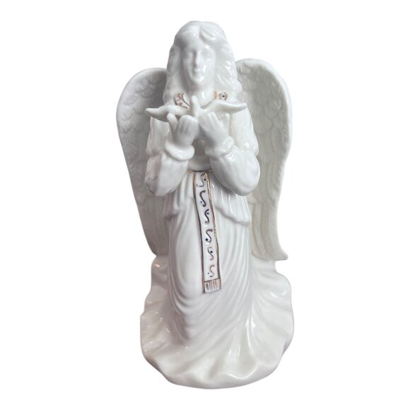 Vintage Porcelain Angel Holding Dove Statue Figurine 7" White Gold Accents - Picture 1 of 6